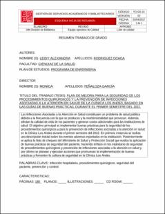 Portada Plan de mejora para la seguridad de los procedimientos quirúrgicos y la prevención de infecciones asociadas a la atención en salud de la clínica los andes, basado en las guías de buenas prácticas, durante el primer semestre del 2022