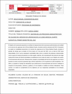 Portada Gestión de los procesos administrativos de calidad del servicio de urgencias de la clínica medical duarte durante el primer semestre del 2022.