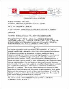 Portada Apoyo en la implementación del programa de hábitos y estilos de vida saludable para el personal operativo de la empresa construcciones metálicas e ingeniería integral CMI SAS en el periodo de marzo a junio de 2022.