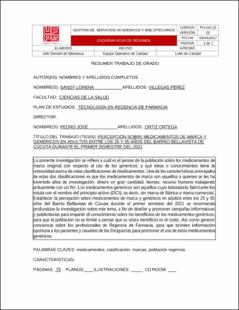 Portada Percepción sobre medicamentos de marca y genéricos en adultos entre los 25 y 35 años del barrio Bellavista de Cúcuta durante el primer semestre del 2021.