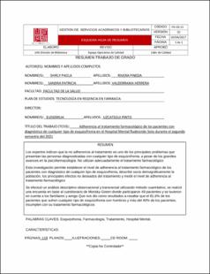 Portada Adherencia al tratamiento farmacológico de los pacientes con diagnóstico de cualquier tipo de esquizofrenia en el hospital mental Rudesindo Soto durante el segundo semestre del 2021.