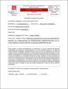 Portada Reestructuración de la ruta de atención del paciente de trasplantado de progenitores hematopoyéticos de la clínica medical Duarte durante el segundo semestre del 2022