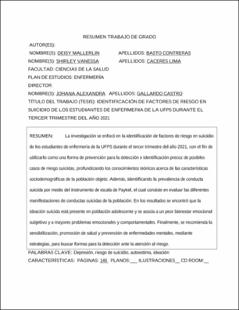 Portada Identificación de factores de riesgo en suicidio de los estudiantes de enfermería de la UFPS durante el tercer trimestre del año 2021.