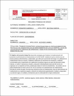 Portada Estrategias para el fortalecimiento del protocolo de administración de medicamentos de la e.s.e hospital local de Los Patios en el servicio de urgencias y sede patio centro en el primer semestre del 2023