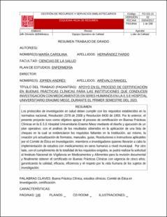 Portada Apoyo en el proceso de certificación en buenas prácticas clínicas para las instituciones que conducen investigación con medicamentos en seres humanos en la e.s.e Hospital Universitario Erasmo Meoz, durante el primer semestre del 2023.