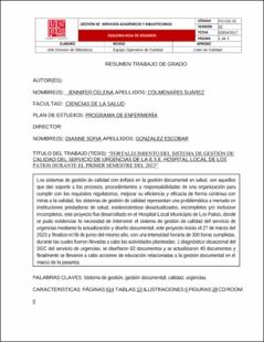 Portada Proyecto para trabajos de extensión modalidad pasantía"fortalecimiento del sistema de gestión de calidad del servicio de urgencias de la e.s.e. hospital local de Los Patios durante el primer semestre del 2023"