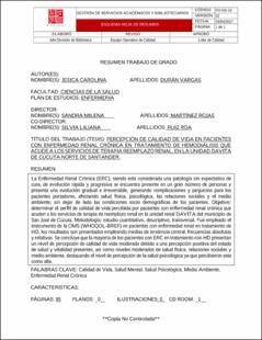 Portada Percepción de calidad de vida en pacientes con enfermedad renal crónica en tratamiento de hemodiálisis que acude a los servicios de terapia reemplazo renal, en la unidad davita de Cúcuta Norte de Santander