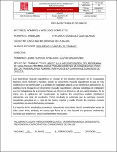 Portada Apoyo a la implementación del programa de vigilancia epidemiológica para desórdenes musculo esqueléticos en los trabajadores administrativos de la cámara de comercio de Cúcuta.