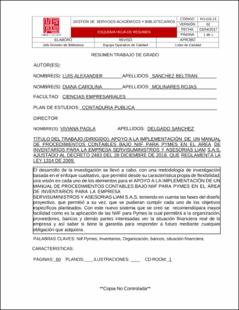 Portada Apoyo a la implementación de un manual de procedimientos contables bajo Niif para pymes en el área de inventarios para la empresa servisuministros y asesorias liam s.a.s, ajustado al decreto 2483 del 28 diciembre de 2018, que reglamenta la ley 1314 de 2009.