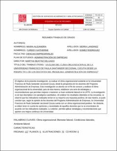 Portada Análisis del clima organizacional de la Universidad Francisco de Paula Santander seccional Cúcuta desde la perspectiva de los docentes del programa, administración de empresas