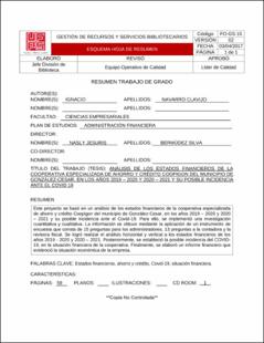 Portada Análisis de los estados financieros de la cooperativa especializada de ahorro y crédito coopigon del municipio de González-cesar, en los años 2019 - 2020 y 2020 - 2021 y su posible incidencia ante el Covid 19.