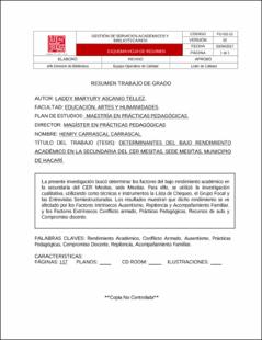 Portada Determinantes del bajo rendimiento académico en la secundaria del cer mesitas, sede mesitas, municipio de Hacarí.