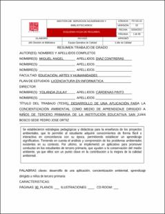 Portada Desarrollo de una aplicación para la concientización ambiental como medio de aprendizaje dirigido a niños de tercero primaria de la institución educativa San Juan Bosco sede Pedro José Ortiz