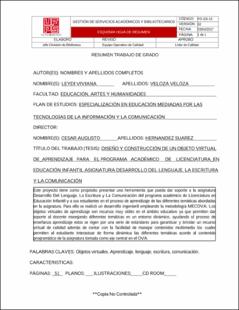 Portada Diseño y construcción de un objeto virtual de aprendizaje para el programa académico de licenciatura en educación infantil asignatura desarrollo del lenguaje, la escritura y la comunicación