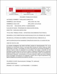 Portada Estrategia educomunicativa para el desarrollo de competencias audiovisuales en los jóvenes del grado décimo de la técnica de diseño e integración multimedia en la institución educativa Sagrado Corazón de Jesús de la ciudad de San José de Cúcuta, 2019.