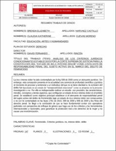 Portada Análisis de los criterios jurídicos condicionantes establecidos por la corte suprema de justicia para la constitución del "estado de ira e intenso dolor" como atenuante de responsabilidad penal del sujeto activo en el marco del delito de feminicidio