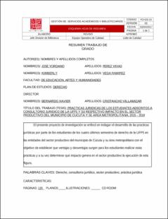 Portada Prácticas jurídicas de los estudiantes adscritos a consultorio jurídico de la UFPS y su respectivo impacto en el sector productivo del municipio de Cúcuta y su área metropolitana, 2015 - 2019.