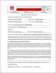 Portada Influencia de la feminización del cuidado en la dinámica familiar en familias del cdi perlitas del saber en el municipio del Zulia (Norte de Santander), vinculadas al programa de apoyo psicosocial de la corporación innovar en el año 2021.