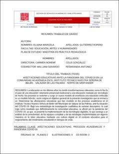 Portada Afectaciones educativas ante la pandemia del covid 19 en la comunidad académica en el instituto técnico nuestra señora de Belén - Salazar de las palmas - Norte de Santander