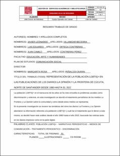 Portada Representación de la población LGBTIQ+ en las publicaciones de los diarios la opinión y la frontera de Cúcuta, Norte de Santander desde 1980 hasta el 2022.