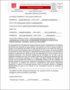 Portada Afectaciones educativas ante la pandemia del covid-19 en la comunidad académica colegio José María Córdoba - Durania - Norte de Santander