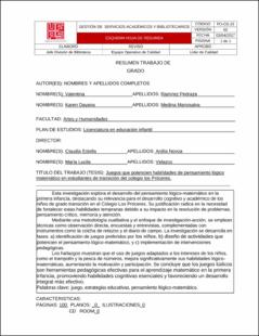 Portada Juegos lúdicos que potencien habilidades de pensamiento lógico matemático en estudiantes de transición del colegio los próceres
