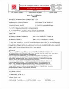 Portada Estrategias didácticas para el desarrollo de habilidades pre lectoras en las niñas y niños de grado primero del colegio Camilo Daza sede liceo Juan Bautista scalabrini