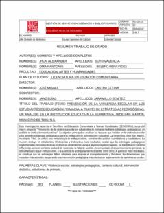 Portada Prevención de la violencia escolar en los estudiantes de educación primaria, a través de estrategias pedagógicas. un análisis en la institución educativa la serpentina, sede san Martín, municipio de Tibú, N.S