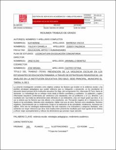 Portada Prevención de la violencia escolar en los estudiantes de educación primaria, a través de estrategias pedagógicas. un análisis en la institución educativa Orú bajo, sede principal, municipio el tarra, N. de S.