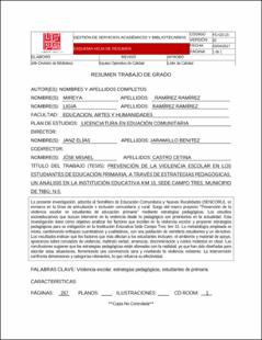 Portada Prevención de la violencia escolar en los estudiantes de educación primaria, a través de estrategias pedagógicas. un análisis en la institución educativa rural km 15, sede llano grande, municipio de Tibú, N.S