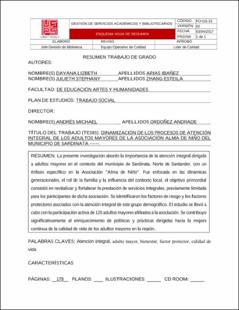 Portada Dinamización de los procesos de atención integral de los adultos mayores de la asociación alma de niño del municipio de Sardinata