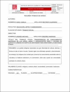 Portada Transferencia de conocimientos indígenas de los niños, niñas y adolescentes inga y kichwa en contexto urbano en norte de Santander para mantener la identidad étnica