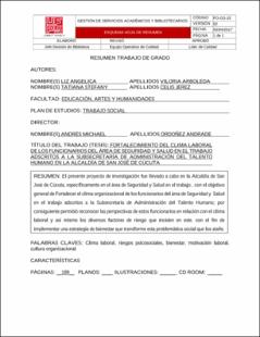 Portada Fortalecimiento del clima laboral de los funcionarios del área de seguridad y salud en el trabajo adscritos a la subsecretaría de administración del talento humano en la alcaldía de san José de Cúcuta.