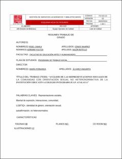 Portada Análisis de las representaciones sociales de la comunidad con orientación sexual no heteronormativa de la institución educativa colegio integrado Juan Atalaya