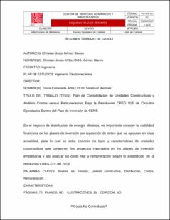 Portada Plan de consolidación de unidades constructivas y análisis costos versus remuneración, bajo la resolución CREG 015 de circuitos ejecutados dentro del plan de inversión de CENS