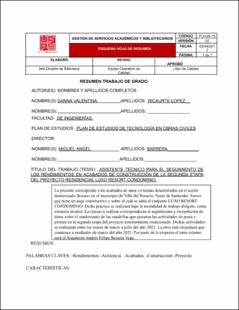 Portada Asistente técnico para el seguimiento de los rendimientos en acabados de construcción de la segunda etapa del proyecto residencial luxo resort condominio.