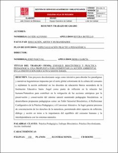 Portada Enfoque biocéntrico y práctica pedagógica: una propuesta para fomentar la acción ambiental en la institución educativa santo ángel