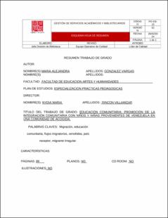 Portada Educación comunitaria: promoción de la integración comunitaria con niños y niñas provenientes de Venezuela en una comunidad de acogida.