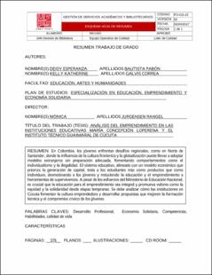 Portada Análisis del emprendimiento en las instituciones educativas María Concepción Loperena y el instituto técnico Guaimaral de Cúcuta