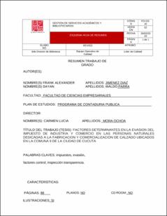 Portada Factores determinantes en la evasión del impuesto de industria y comercio en las personas naturales dedicadas a la fabricación y comercialización de calzado ubicadas la comuna 9 de la ciudad de Cúcuta