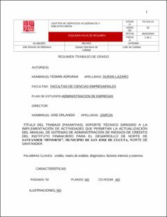 Portada Soporte técnico dirigido a la implementación de actividades que permitan la actualización del manual de sistemas de administración de riesgos de crédito del instituto financiero para el desarrollo de Norte de Santander “Ifinorte”, municipio de san José de Cúcuta, Norte de Santander.