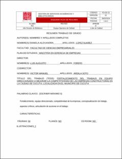 Portada Fortalecimiento del trabajo en equipo direccionado a mejorar la competitividad de las empresas constructoras en la ciudad de Cúcuta, localizada en el municipio de Cúcuta
