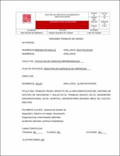 Portada Impacto de la implementación del sistema de gestión de seguridad y salud en el trabajo (SGSST), en el desempeño organizacional en el hospital universitario Erasmo Meoz de Cúcuta, 2020-2022