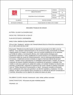 Portada Modelo de transformación en atención humanizada en la uba loma de Bolívar