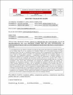 Portada Apoyo al programa de contaduría. Plan de mejoramiento de las pruebas saber pro de los estudiantes de contaduría pública de la universidad Francisco de Paula Santander - Cúcuta