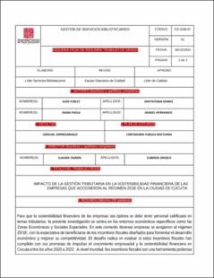 Portada Impacto de la gestión tributaria en la sostenibilidad financiera de las empresas que accedieron al régimen zese en la ciudad de cúcuta