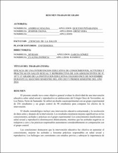 Portada Eficacia de una intervención educativa de conocimientos, actitudes y prácticas en salud sexual y reproductiva de los adolescentes 9° 10° y 11° grado de la institución educativa colegio 11 de Noviembre durante el segundo semestre del año 2023 y primer semestre de año 2024.
