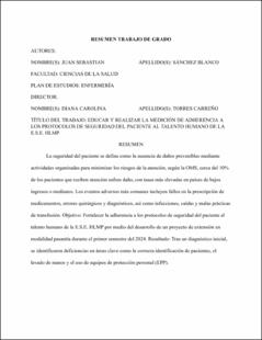 Portada Educar y realizar la medición de adherencia a los protocolos de seguridad del paciente al talento humano de la E.S.E. HLMP