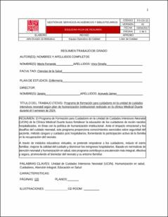 Portada Programa de formación para cuidadores en la unidad de cuidados intensivos neonatal según plan de humanización institucional