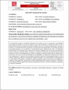 Portada Factores de riesgo biológico en condiciones de trabajo y salud de los recicladores informales de tres recicladoras de la comuna 6 en Cúcuta, Norte de Santander – 2023